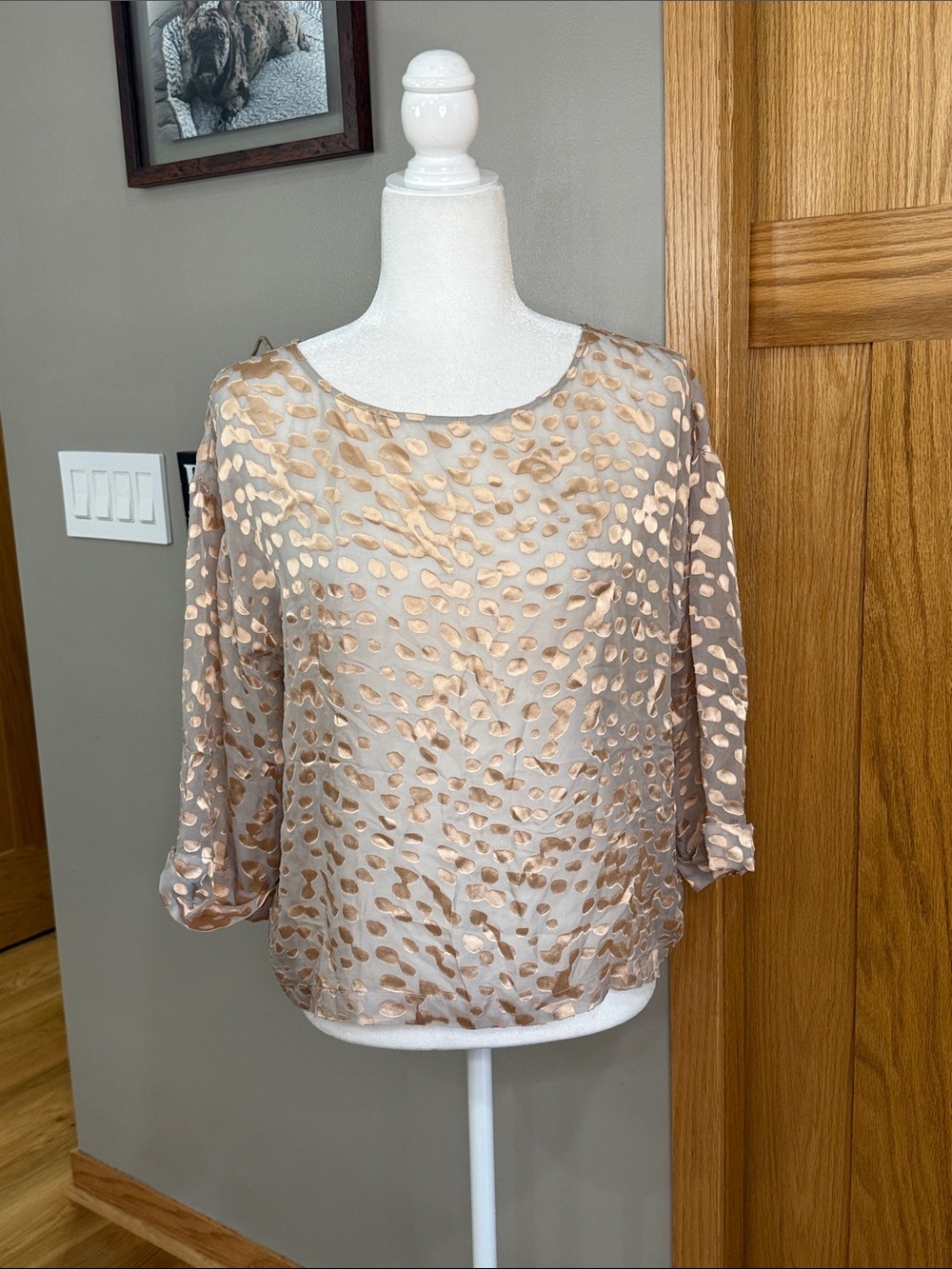 Club Monaco Silk Taupe Sheer Blouse with Gold Metallic Spots